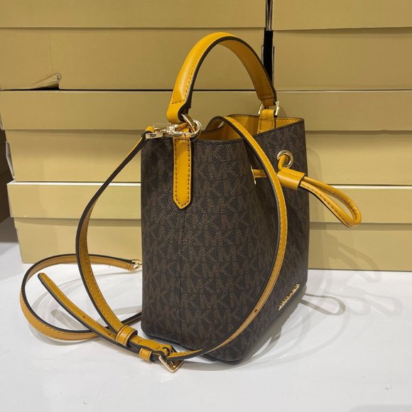 Michael Kors Suri MINI Bucket Satchel Shoulder Crossbody Bag MK Brown Yellow - Picture 6 of 12